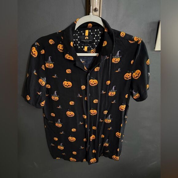 Denim & Flower Ricky Singh Black Halloween Pumpkin Button Up Shirt Men's Small - Picture 2 of 10